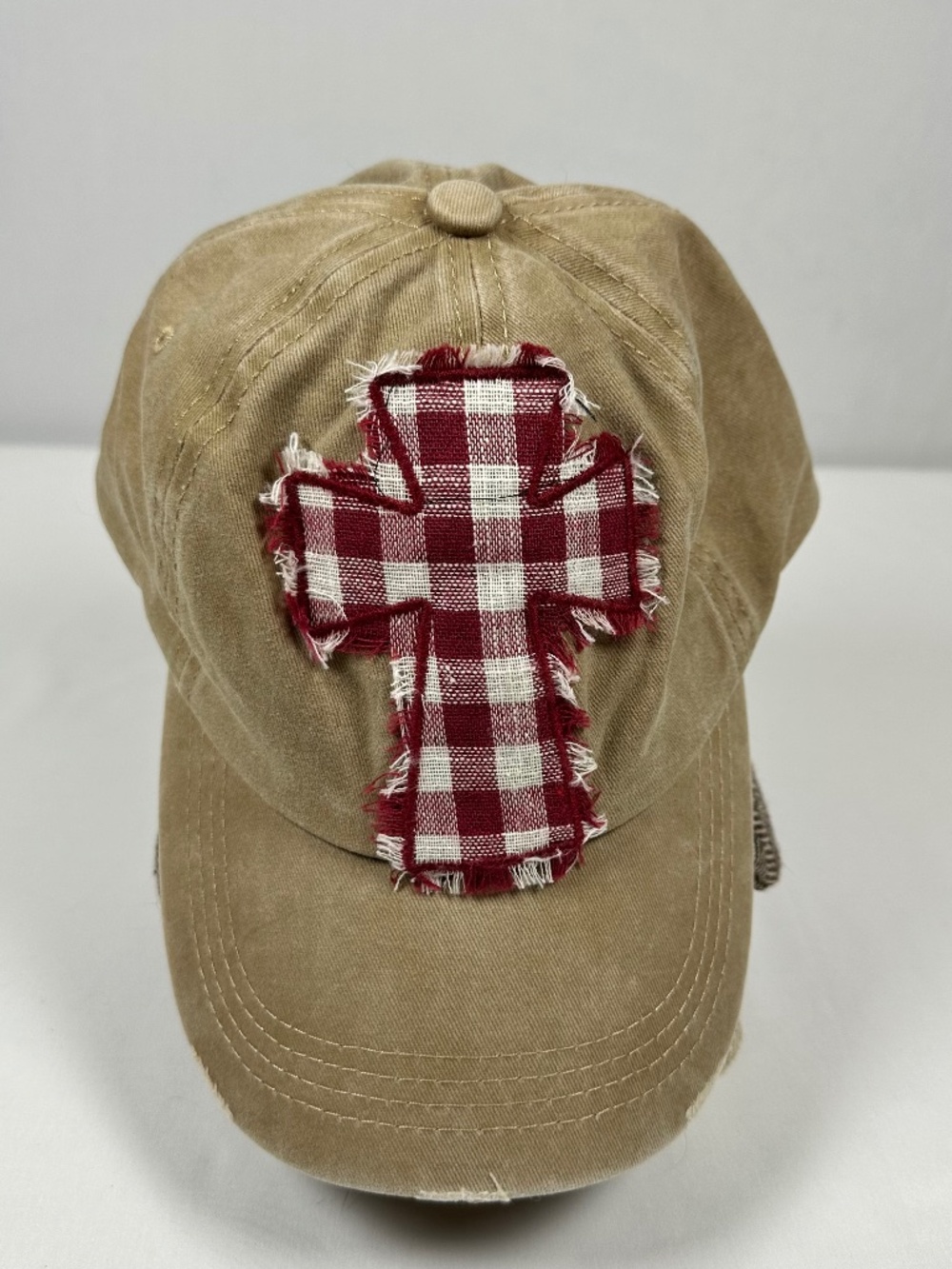Southern Junkie Distressed Khaki Hat Maroon Beige Cross Hook Loop Closure